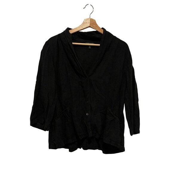 Eileen Fisher Black Linen Blend Button-Front Tunic 3/4 Sleeves Women's Top L - Picture 2 of 8